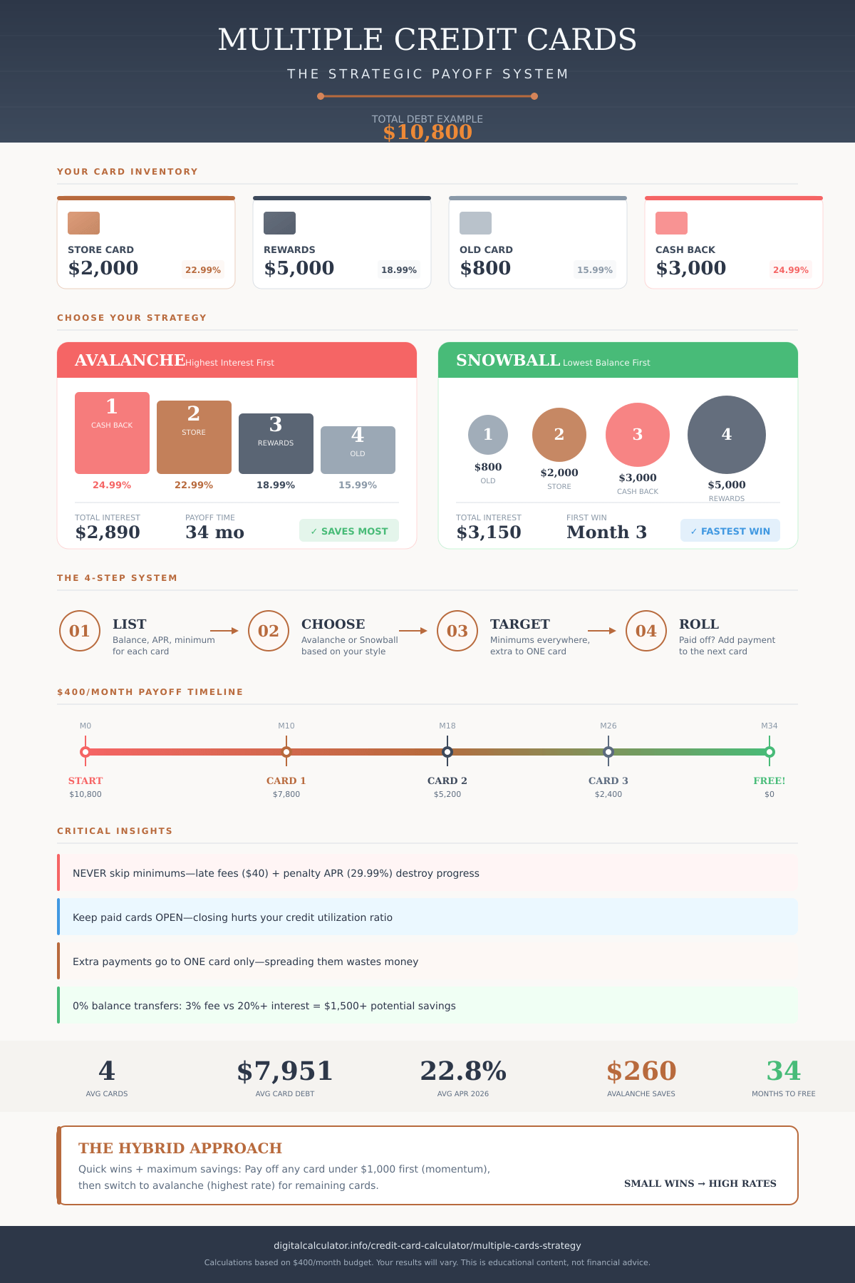 Multiple Credit Cards Payoff Strategy Infographic showing Avalanche vs Snowball methods comparison, 4-step payoff system (List, Choose, Target, Roll), and 34-month timeline to debt freedom with $400/month budget