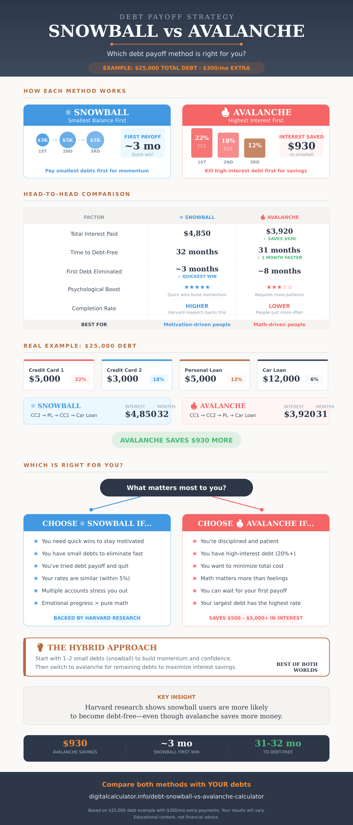 Debt Snowball vs Avalanche comparison infographic showing interest savings ($930 on $25,000 debt), timeline comparison, head-to-head factors, decision criteria, and the hybrid approach strategy